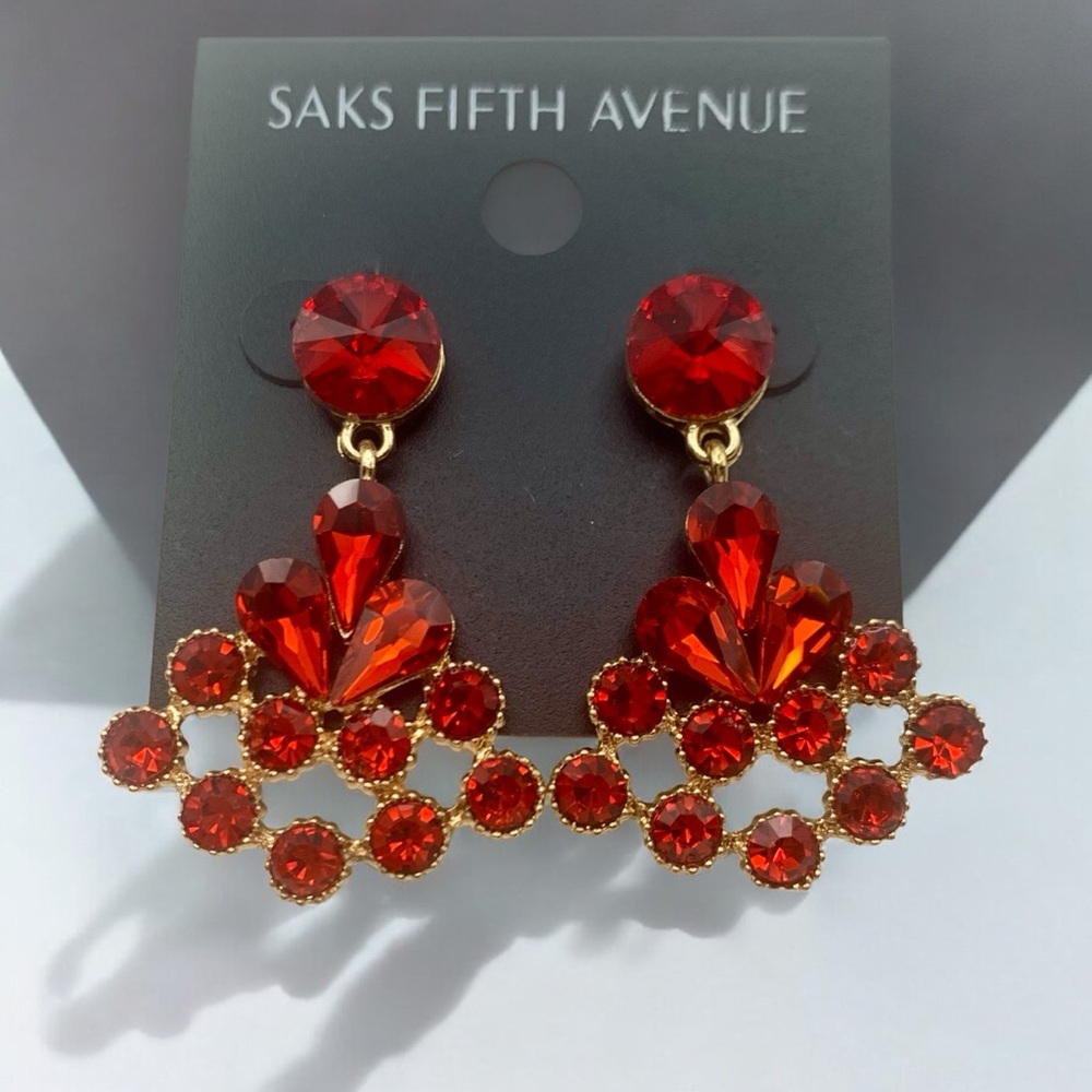 Saks Fifth Avenue Gold Plated & Red Crystal Triangle Costume Jewelry Earrings - Picture 2 of 5